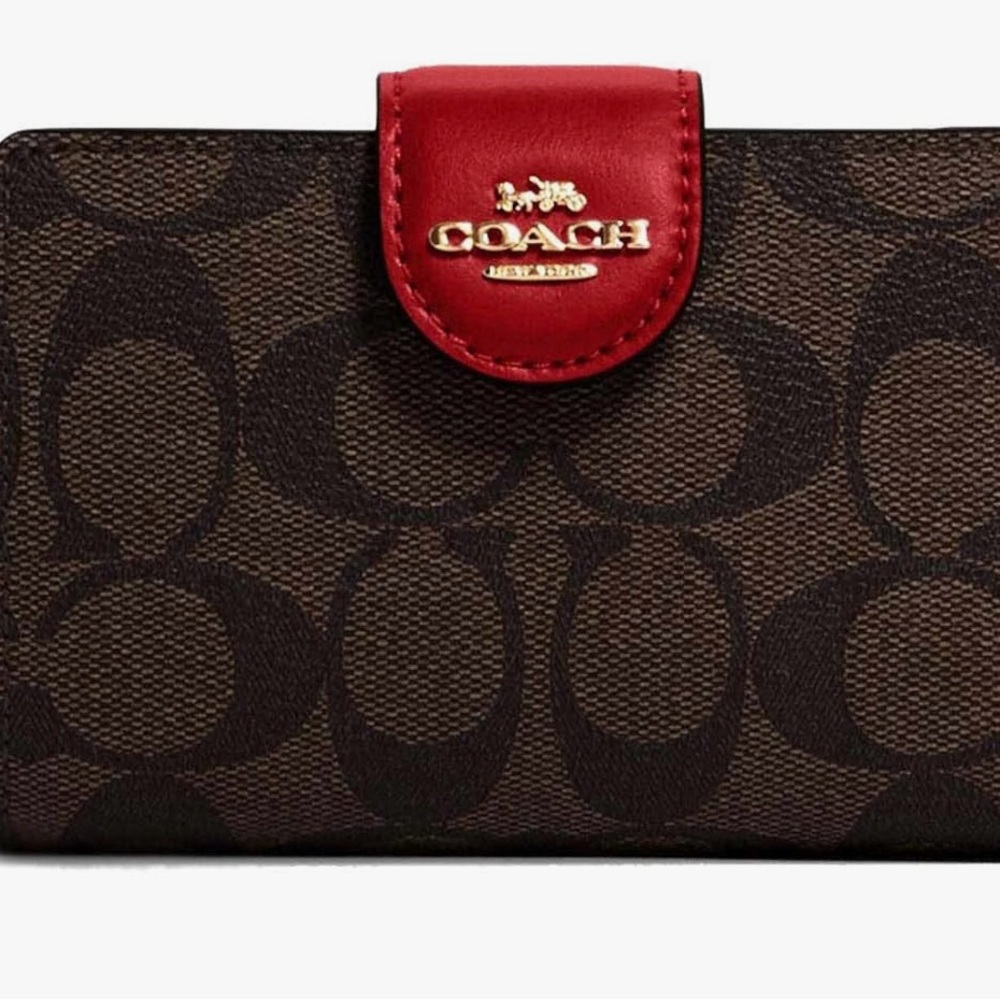 Coach - Medium Corner Zip Wallet - Signature Canvas Brown / Red